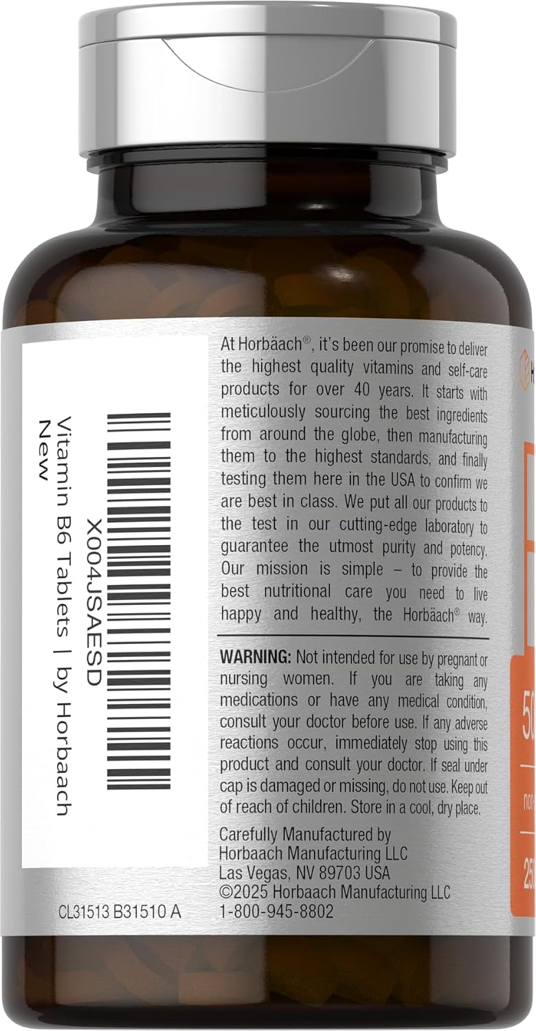 Horbäach Vitamin B6 50mg | 250 Tablets | Non-GMO & Gluten-free Food Supplement - görsel 3
