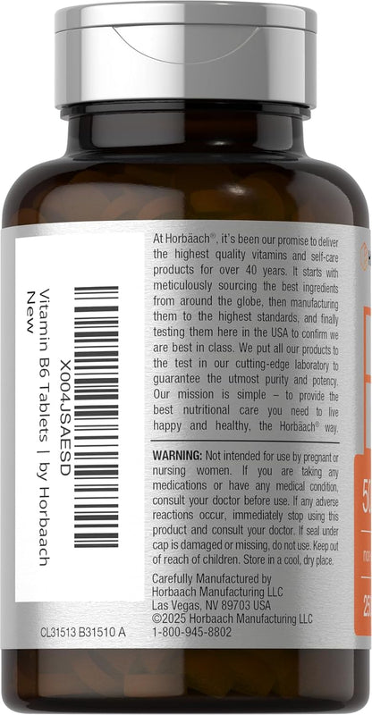 Horbäach Vitamin B6 50mg | 250 Tablets | Non-GMO & Gluten-free Food Supplement