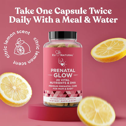 Eu Natural Glow Prenatal Vitamins for Women - 20-in-1 Prenatal Multivitamin with Folate & Vegan DHA - Supports Healthy Pregnancy, Foetal Development & Mum’s Comfort - 120 Vegetarian Capsules