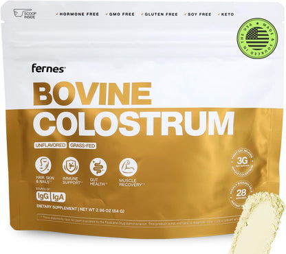 Grass Fed Whole Bovine Colostrum Powder for Women & Men – First Day Milking, Non GMO, Soya Free, Keto, Gluten-free – 28 Servings, 84 g, Unflavoured, Made in USA