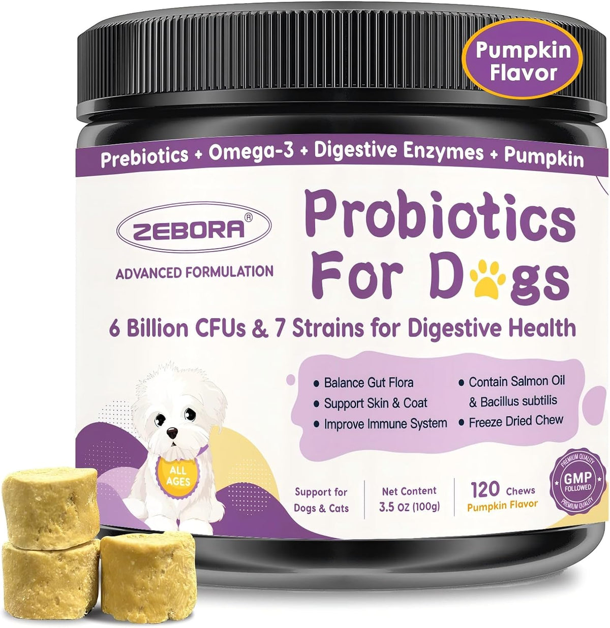 ZEBORA Probiotics for Dogs, Dog Probiotics for Digestive Health, with Pumpkin, Digestive Enzymes, Omega-3, Support Gut, Immune Health, Digestive Upset Relief, Occasional Diarrhoea, 120 Freeze Dried Chews - görsel 1