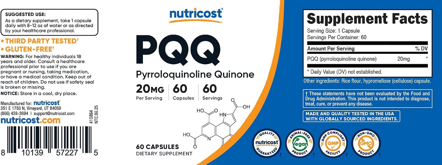 Nutricost PQQ (Pyrroloquinoline Quinone) 20 mg, 60 Capsules - görsel 6