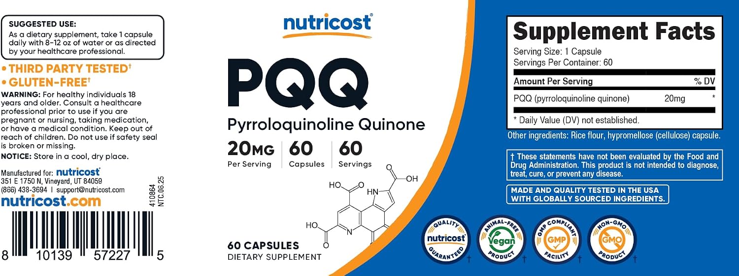 Nutricost PQQ (Pyrroloquinoline Quinone) 20 mg, 60 Capsules - görsel 6