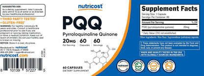 Nutricost PQQ (Pyrroloquinoline Quinone) 20 mg, 60 Capsules