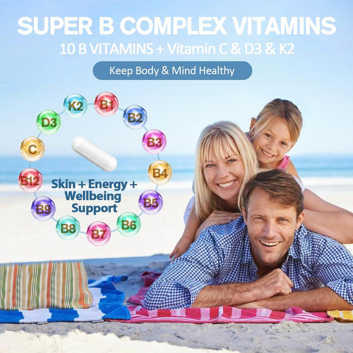 13-in-1 Vitamin B Complex Plus with B1, B2, B3, B4, B5, B6, B7, B8, B9, B12, C, D3, K2 - 120 Capsules (2-Pack) - görsel 7