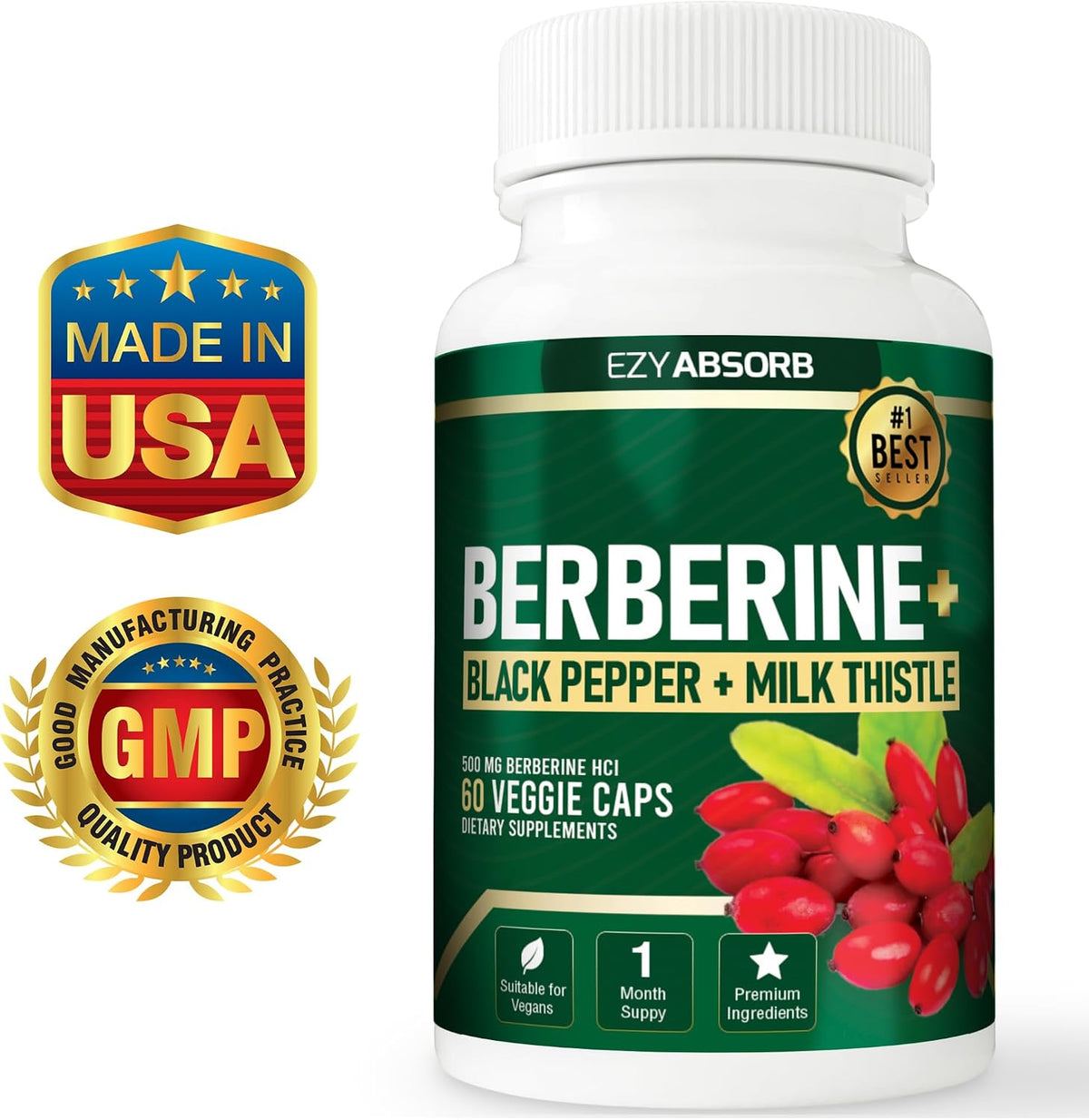 EzyAbsorb Gluten-Free Berberine 500mg with LA-3 AMPK Activator - 60 Vegan Capsules - görsel 3
