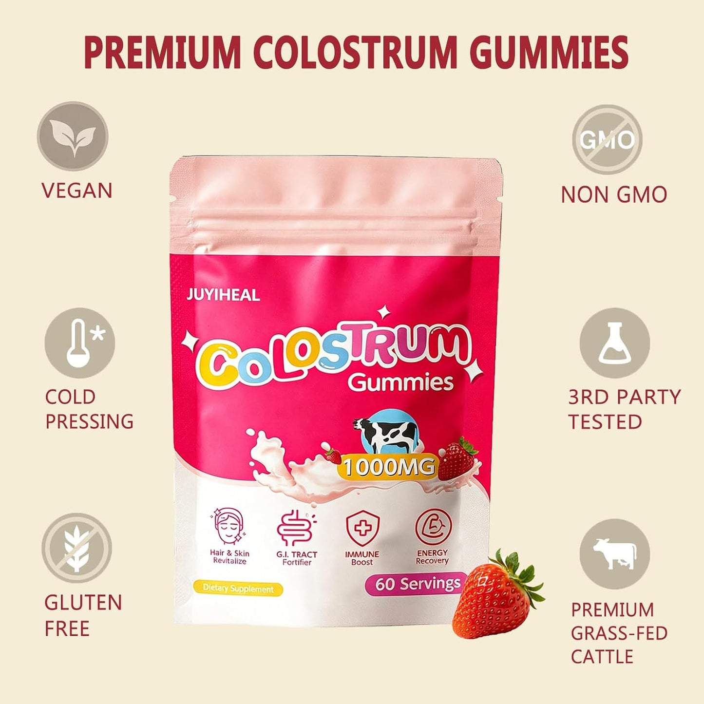 Core Bovine Colostrum Gummies – Grass-Fed Colostrum Supplement for Gut Health, Hair, Skin & Immune Support, Strawberry Flavour (60 Servings) - görsel 3