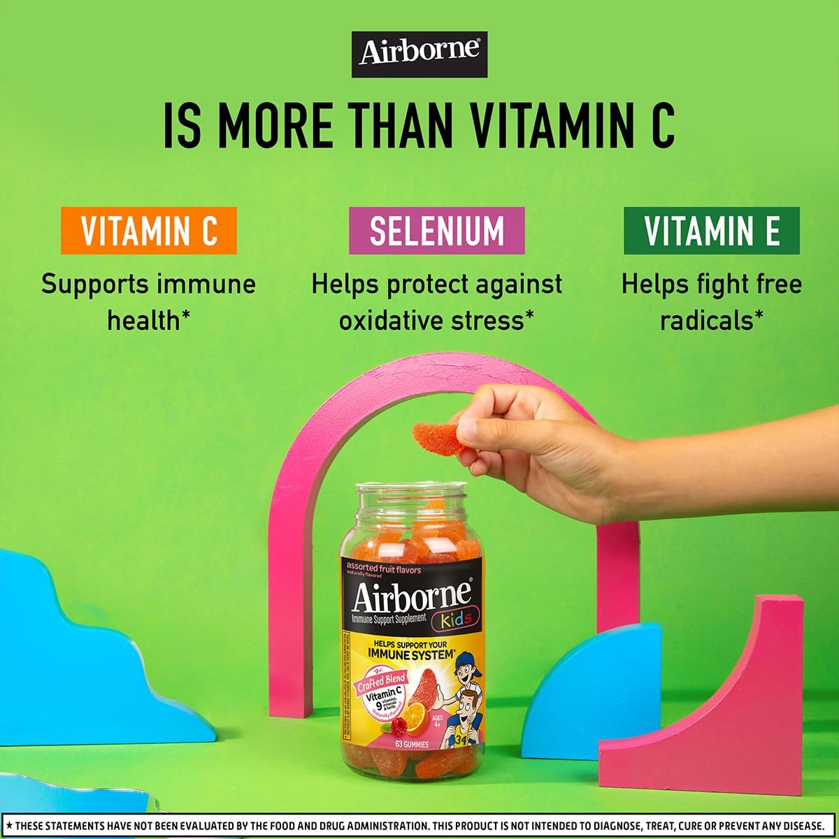 Airborne 500mg Vitamin C + Zinc Immune Support Supplement Gummies for Kids, Assorted Fruit Flavour, Gluten-free Crafted Blend with Powerful Antioxidants Vitamins C & E, 63 Gummies (3 Pack) - görsel 7