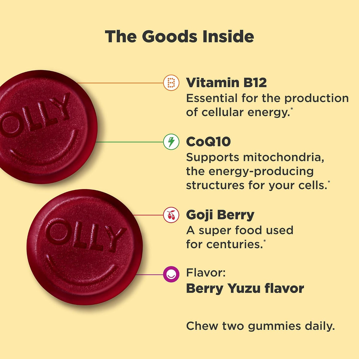 OLLY Extra Strength Daily Energy Gummies - Caffeine Free Cellular Energy Production, 1000 mcg Vitamin B12, CoQ10, Goji Berry, Berry Yuzu Flavoured, 60 Count (30 Day Supply) - görsel 2