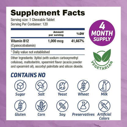 Dr's Hope Vitamin B12 1000 mcg Chewable Tablets, 120 Tablets – 4-Month Supply