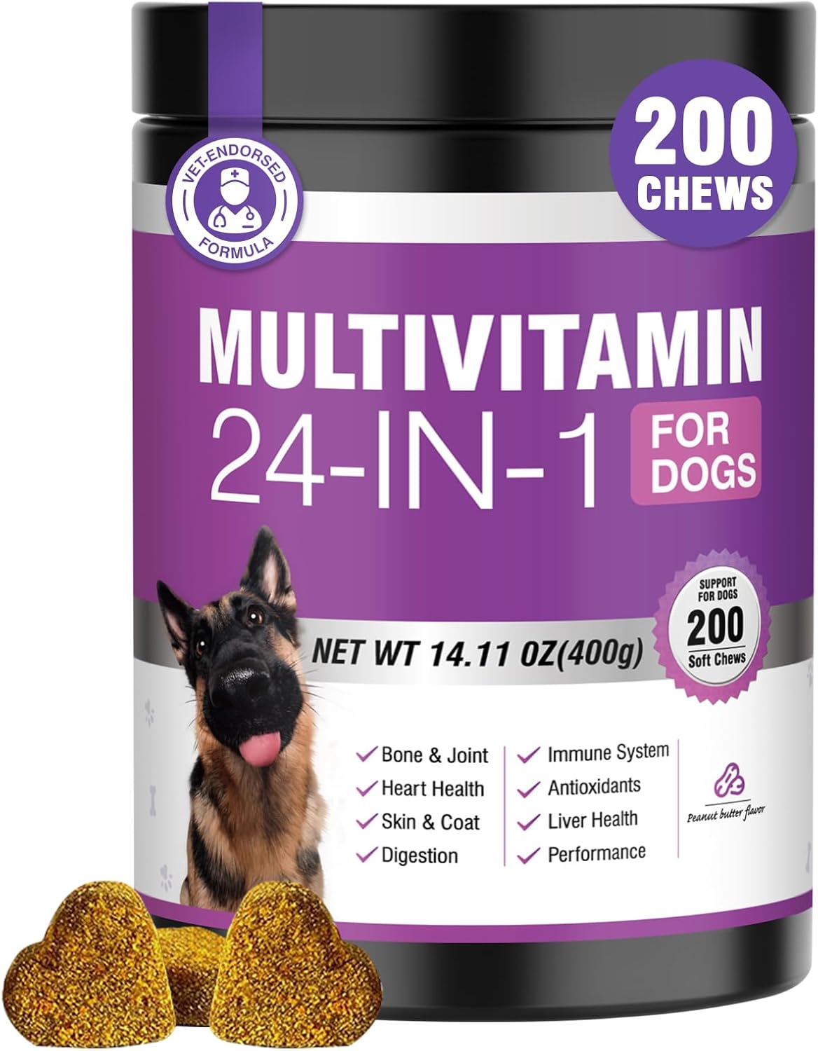 24-in-1 Dog Vitamins and Supplements 200 Count Multivitamin Chewables with Chondroitin, Probiotics, Omega-3, Glucosamine for Skin, Coat, Heart, Joint, Gut, Liver, Brain, Eyes, Immune Support – Chicken Flavour - görsel 10