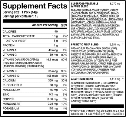 Laird Superfood Prebiotic Daily Greens, 15 Sachets, 0.5 oz (14 g) Each