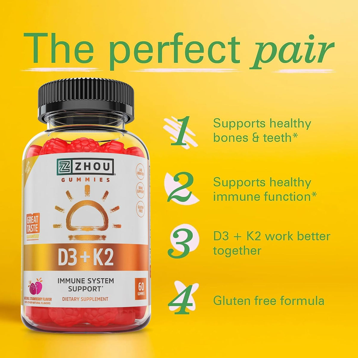Zhou D3+K2 - Vitamin D3 K2 Supplement for Women and Men, Immune Support, Gelatine-free Gummy with 5000 IU D3 and MK-7 - 60 Veggie Gummies - görsel 4