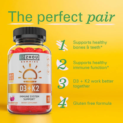 Zhou D3+K2 - Vitamin D3 K2 Supplement for Women and Men, Immune Support, Gelatine-free Gummy with 5000 IU D3 and MK-7 - 60 Veggie Gummies