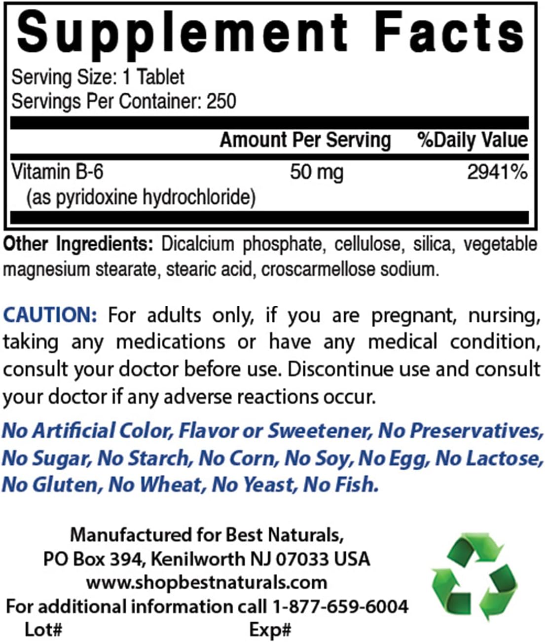 Best Naturals Vitamin B6 50 mg 250 Tablets (Pack of 2) - görsel 2