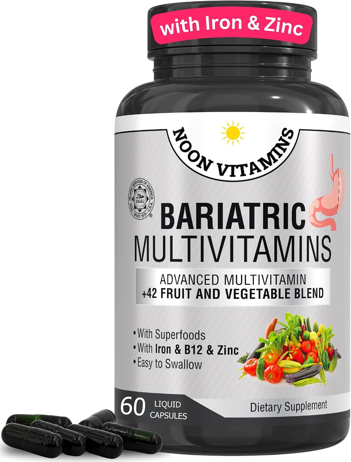 Bariatric Multivitamin with Iron - 42 Superfood Blend for Energy & Immune Support - Post-Surgery Recovery - Liquid Capsules (60 Count) - görsel 1