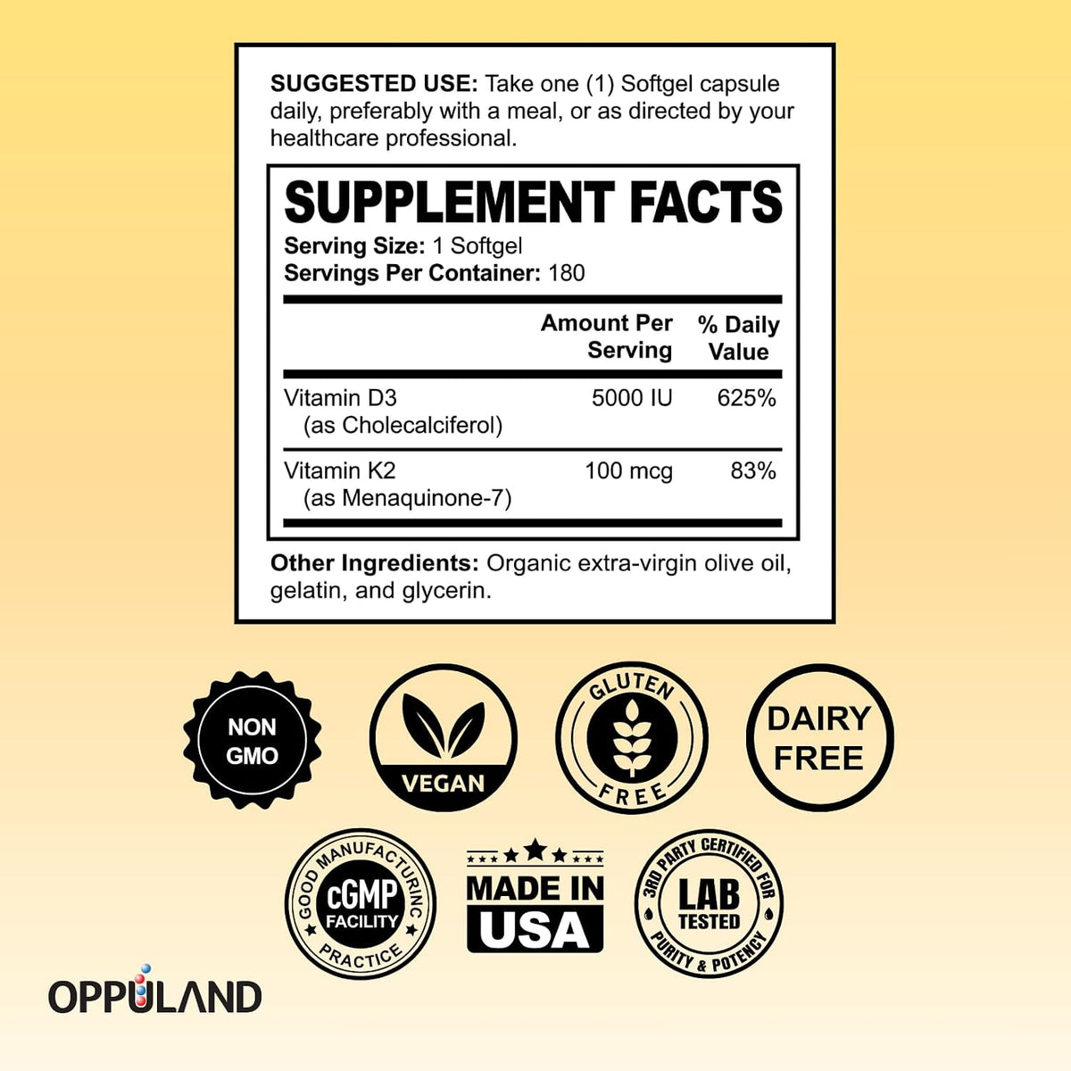 oppuland Vitamin D3 + K2 5000 IU - Liposomal Enhanced Absorption - MK-7 100mcg - 180 Softgels - görsel 9