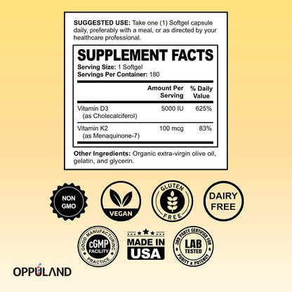 oppuland Vitamin D3 + K2 5000 IU - Liposomal Enhanced Absorption - MK-7 100mcg - 180 Softgels