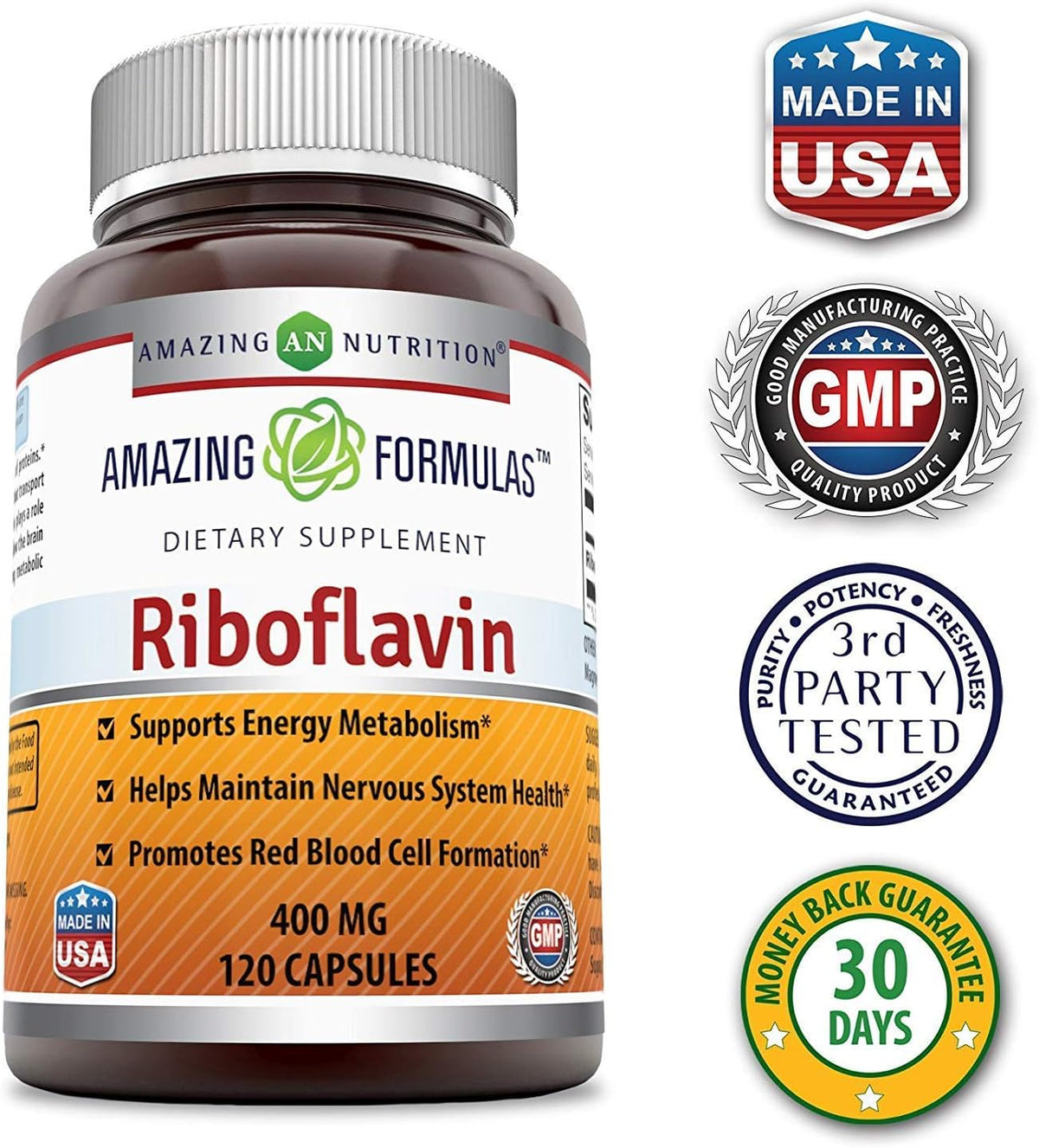 Amazing Formulae Riboflavin 400 mg – Vitamin B2 Supplement – Non-GM, Gluten-free – 240 Capsules (2 Pack of 120) - görsel 2