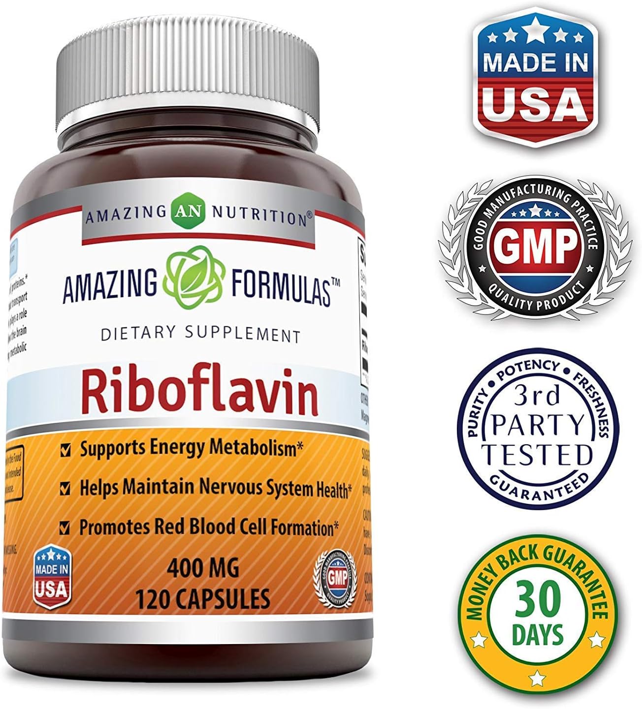 Amazing Formulae Riboflavin 400 mg – Vitamin B2 Supplement – Non-GM, Gluten-free – 240 Capsules (2 Pack of 120) - görsel 2