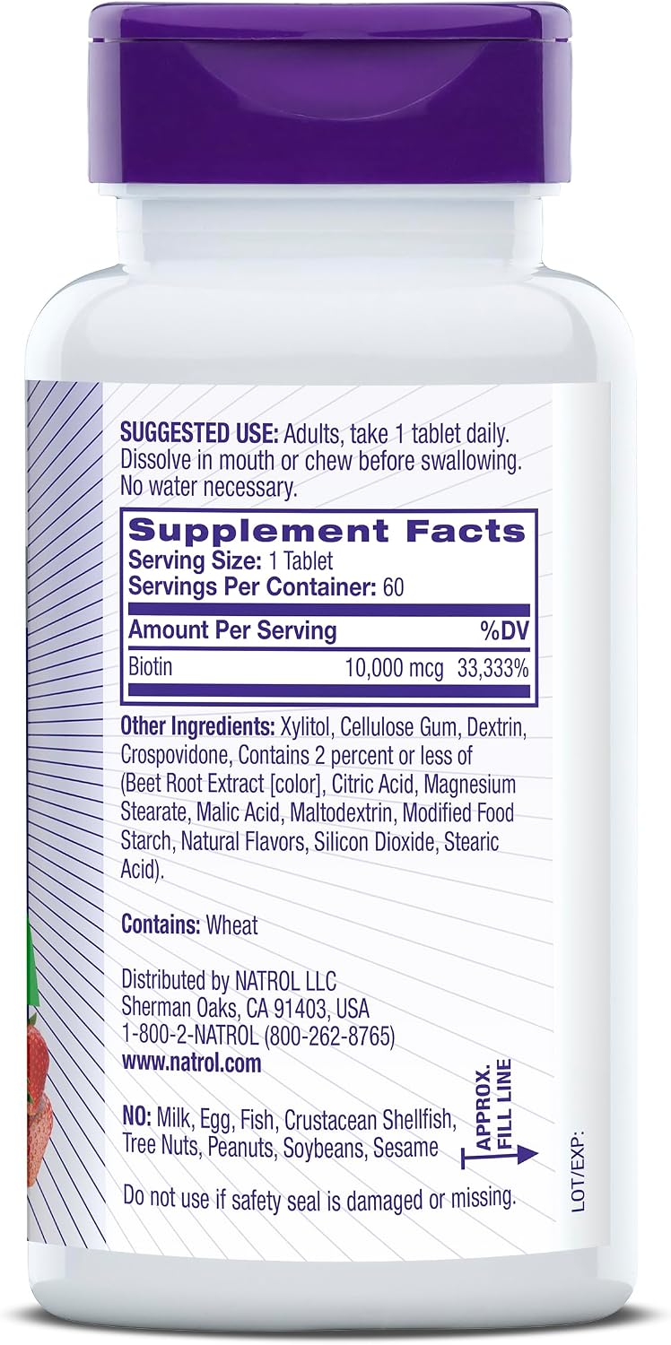 Natrol Biotin 10000mcg, Fast-Dissolve Tablets for Hair, Skin and Nails, 60 Tablets - görsel 8