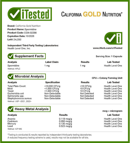 California Gold Nutrition Spermidine, Rice Germ Extract, 1 mg, 30 Veggie Capsules