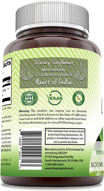 Amazing India Guduchi 500 mg Food Supplement – Tinospora Cordifolia Vegetarian Capsules (60 Count)