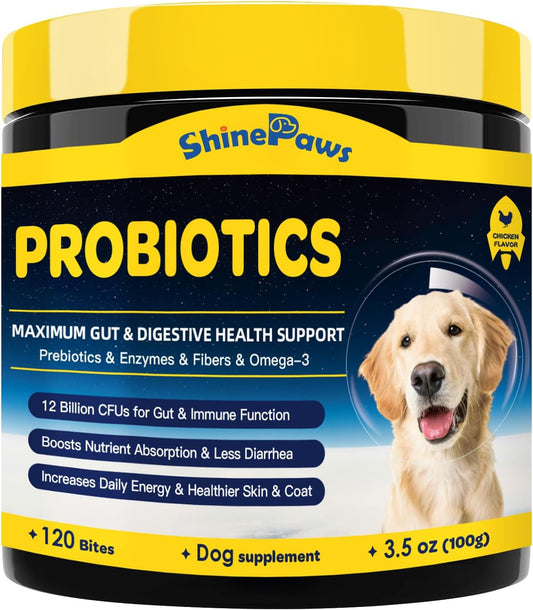 Probiotics for Dogs – Supports Digestive Health, Immunity and Skin Condition with Prebiotics, Enzymes, Omega-3 and Vitamins, 120 Soft Chews