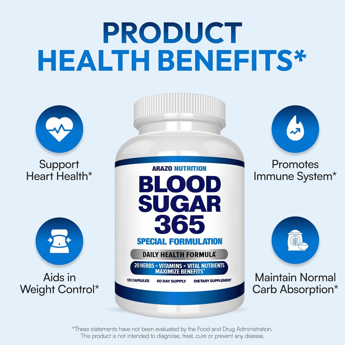 Arazo Nutrition Blood Sugar 365 Supplement – Supports Normal Energy Levels, 120 Capsules (60-Day Supply) - görsel 3