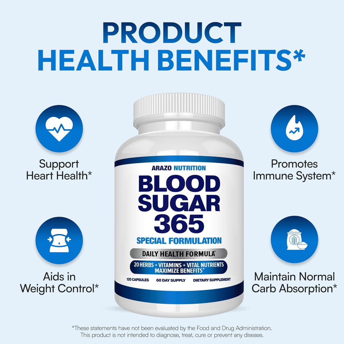 Arazo Nutrition Blood Sugar 365 Supplement – Supports Normal Energy Levels, 120 Capsules (60-Day Supply) - görsel 3