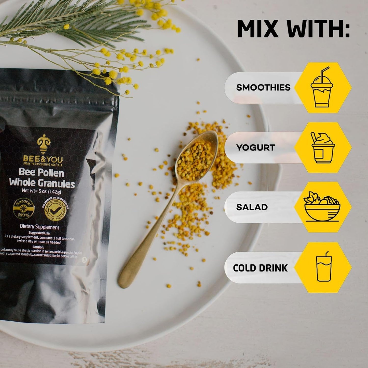 Bee and You - 100% Natural & Raw Bee Pollen Granules, Bee Pollen Supplement, Natural Superfood, Amino Acids, Antioxidants, Enzymes, Vitamin B, Paleo, Keto, Gluten-free, Adults | 140g Pack of 2 - görsel 6