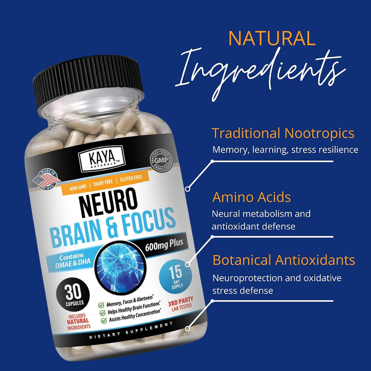Kaya Naturals Neuro Brain - Nootropic Brain Support Supplement for Memory and Focus (30 Capsules) - görsel 5