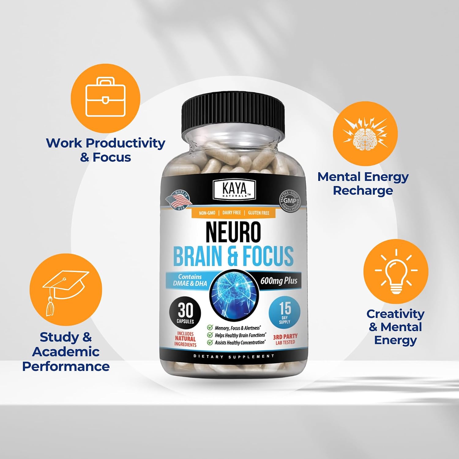 Kaya Naturals Neuro Brain - Nootropic Brain Support Supplement for Memory and Focus (30 Capsules) - görsel 4