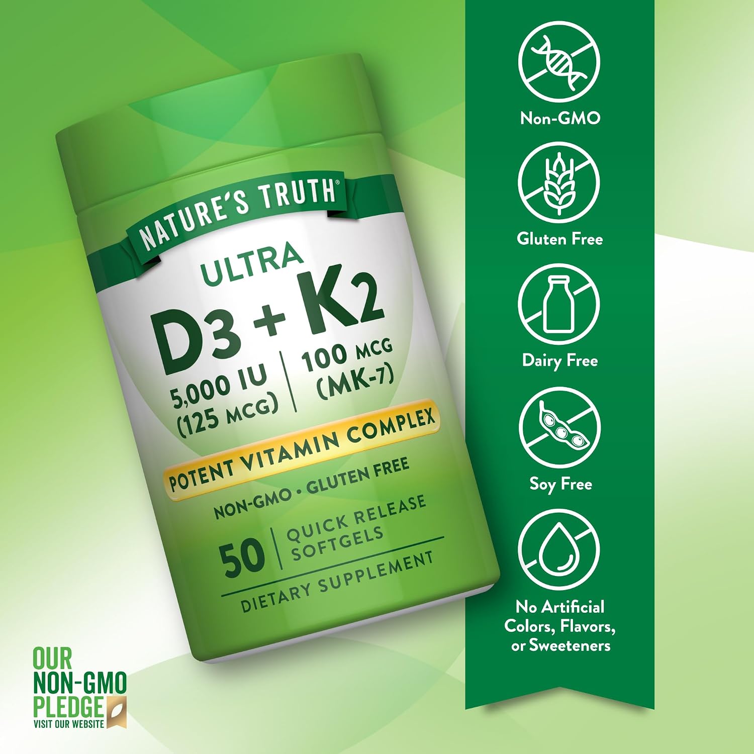 Nature's Truth Vitamin K2 MK7 Complex with D3, 100 mcg, 50 Softgels - görsel 3