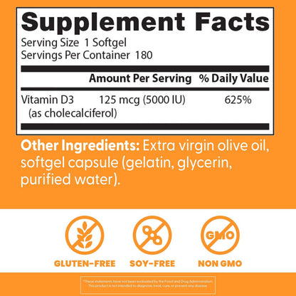 Doctor's Best Vitamin D3 5000 IU, 180 Softgels – Non-GM, Gluten & Soy Free