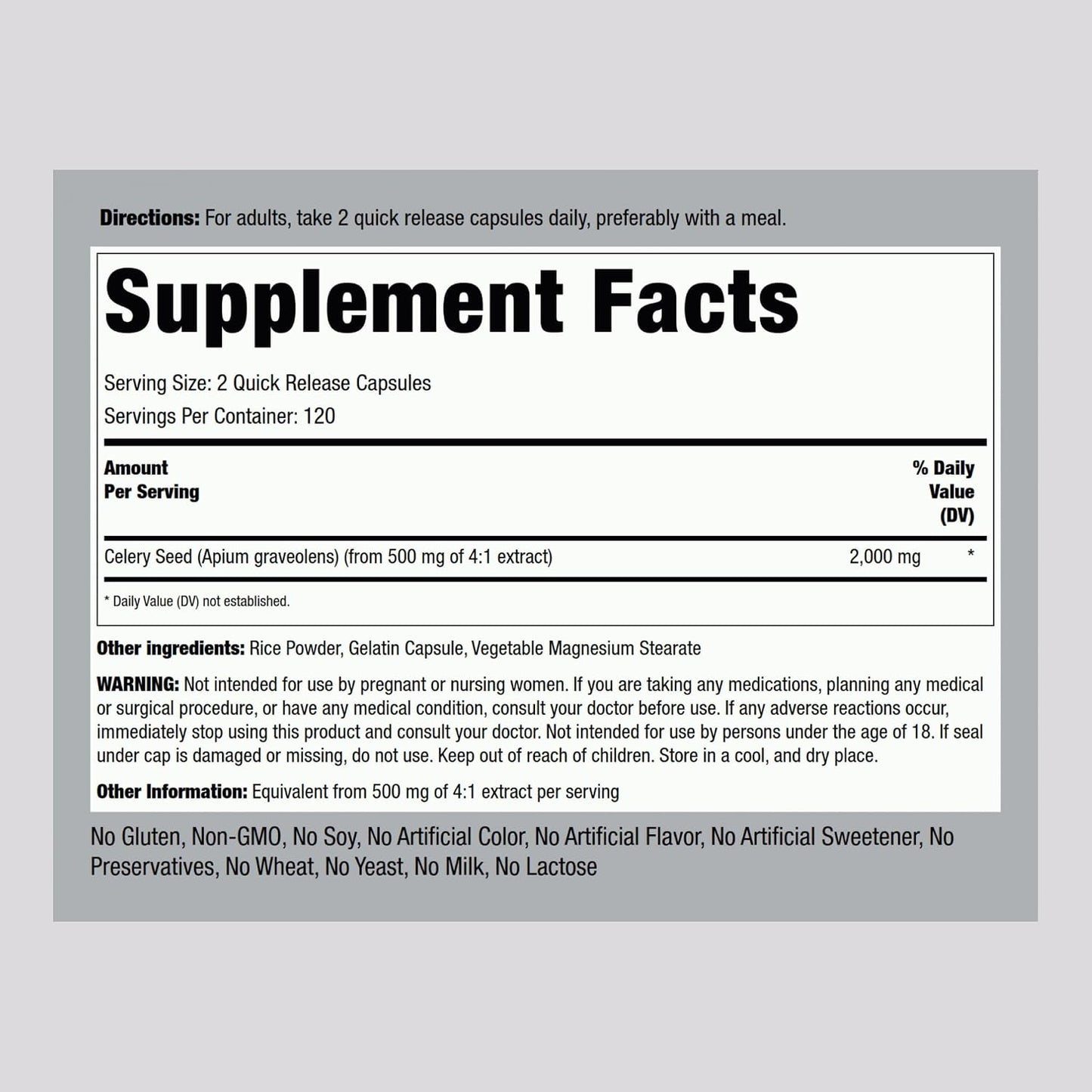 Piping Rock Celery Seed Extract Capsules, 240 Capsules, Non-GMO, Gluten-free, Concentrated Formula - görsel 2