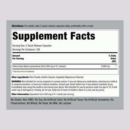Piping Rock Celery Seed Extract Capsules, 240 Capsules, Non-GMO, Gluten-free, Concentrated Formula
