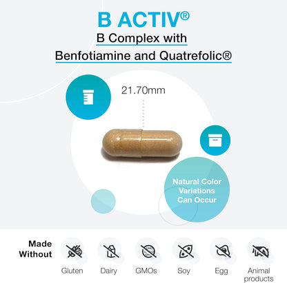 XYMOGEN B-Activ Activated B Vitamins with Benfotiamine & Quatrefolic – Adrenal, Immune & Nervous System Support – 30 Capsules