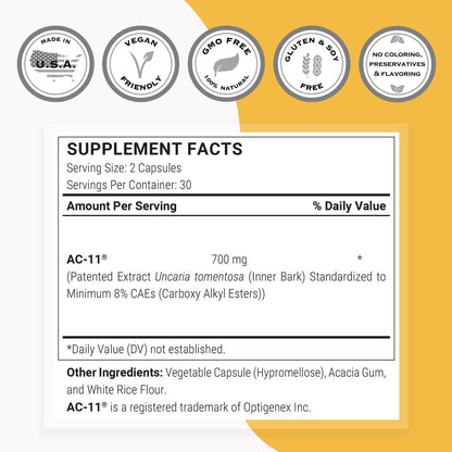 Supersmart AC-11 Supplement – Cat’s Claw Extract – Non-GM & Gluten-Free – 60 Vegetarian Capsules