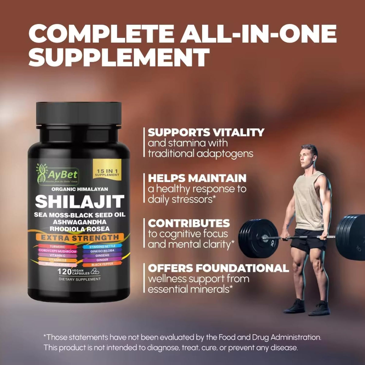 AyBet Organic Himalayan Shilajit Capsules with Sea Moss, Ashwagandha, and Herbal Blend - 120 Capsules - görsel 6