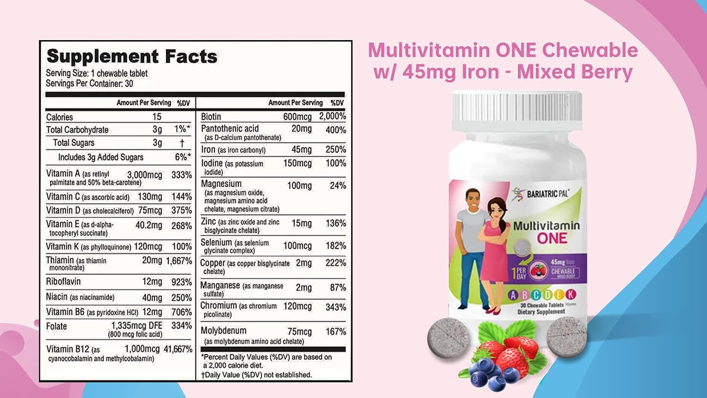 BariatricPal Multivitamin ONE - Chewable with 45mg Iron, Mixed Berry (30 Tablets) - görsel 4