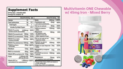 BariatricPal Multivitamin ONE - Chewable with 45mg Iron, Mixed Berry (30 Tablets)