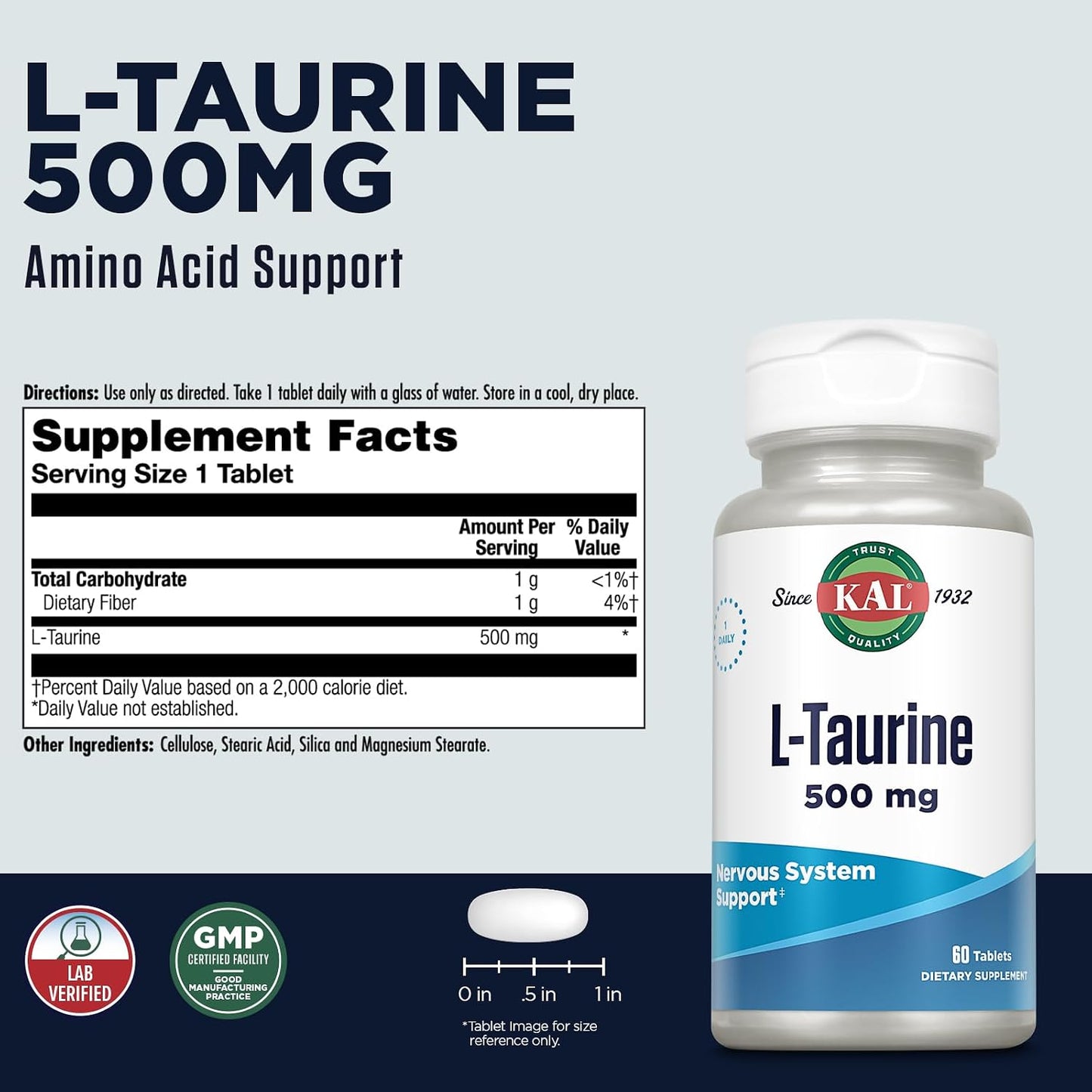 KAL L-Taurine 500mg – Amino Acid Supplement for Heart, Nerve & Eye Health – 60 Rapid Disintegration Tablets - görsel 2