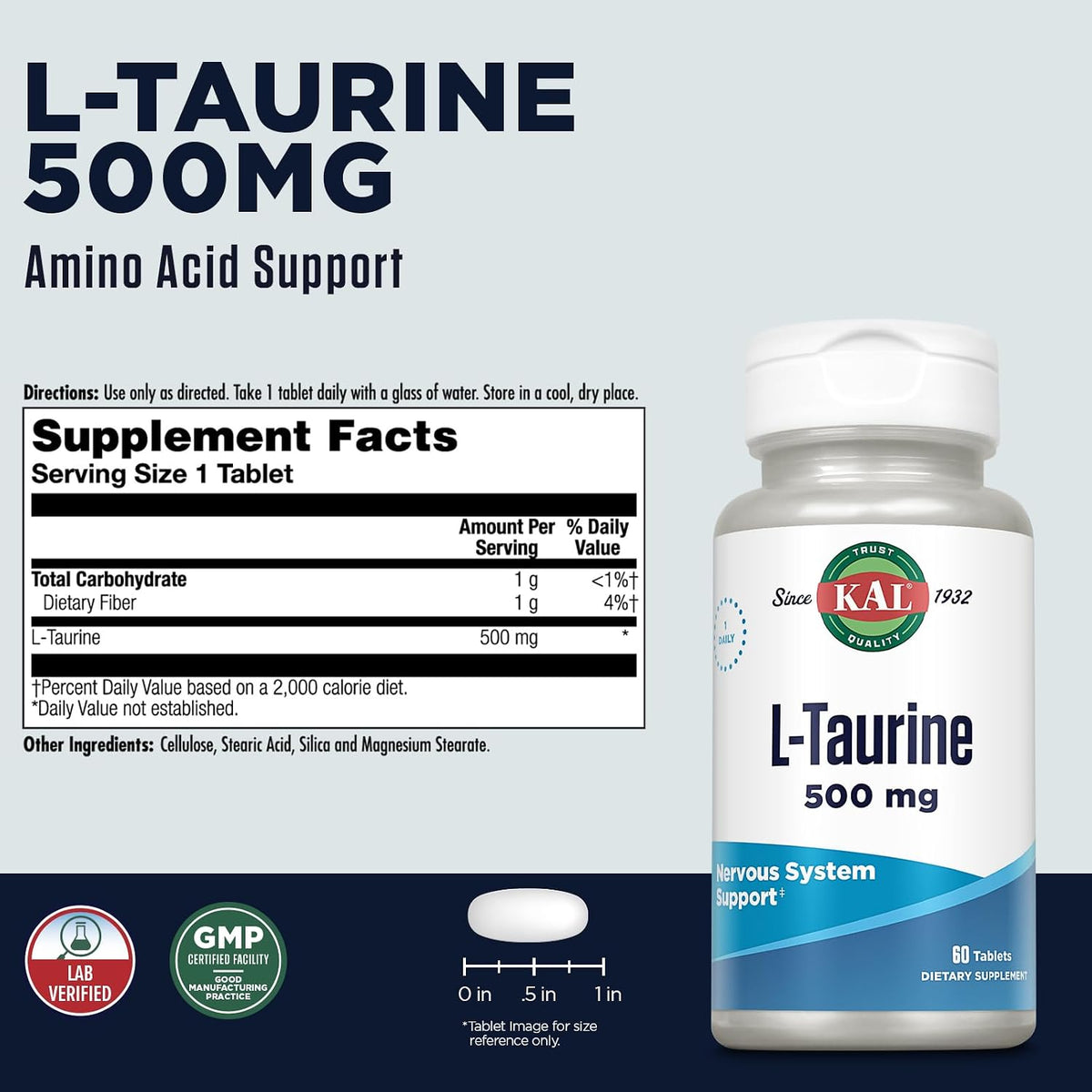 KAL L-Taurine 500mg – Amino Acid Supplement for Heart, Nerve & Eye Health – 60 Rapid Disintegration Tablets - görsel 2
