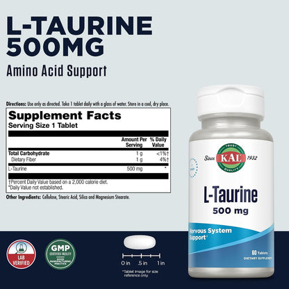 KAL L-Taurine 500mg – Amino Acid Supplement for Heart, Nerve & Eye Health – 60 Rapid Disintegration Tablets