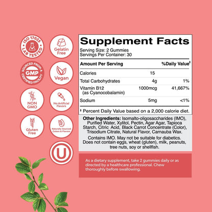Natures Craft Vitamin B12 Gummies for Adults - Sugar Free, 1000 µg, 60 Count
