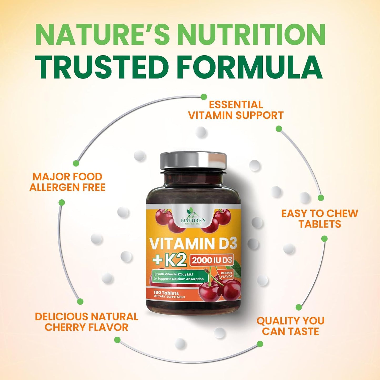 Nature's Nutrition Vitamin D3 K2 Supplement - 2000 IU D3 + 75 mcg MK-7 - Chewable, Berry Flavour - 180 Tablets - görsel 7