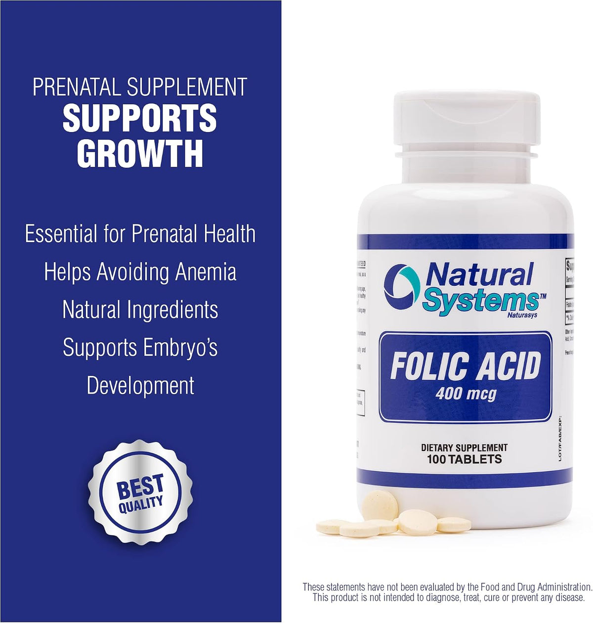 Folic Acid Supplement 100 Tablets 400 mcg by Natural Systems - Antenatal Vitamin for Women - Pregnancy Support Tablets - Daily Intake Folate - görsel 8