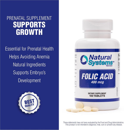 Folic Acid Supplement 100 Tablets 400 mcg by Natural Systems - Antenatal Vitamin for Women - Pregnancy Support Tablets - Daily Intake Folate