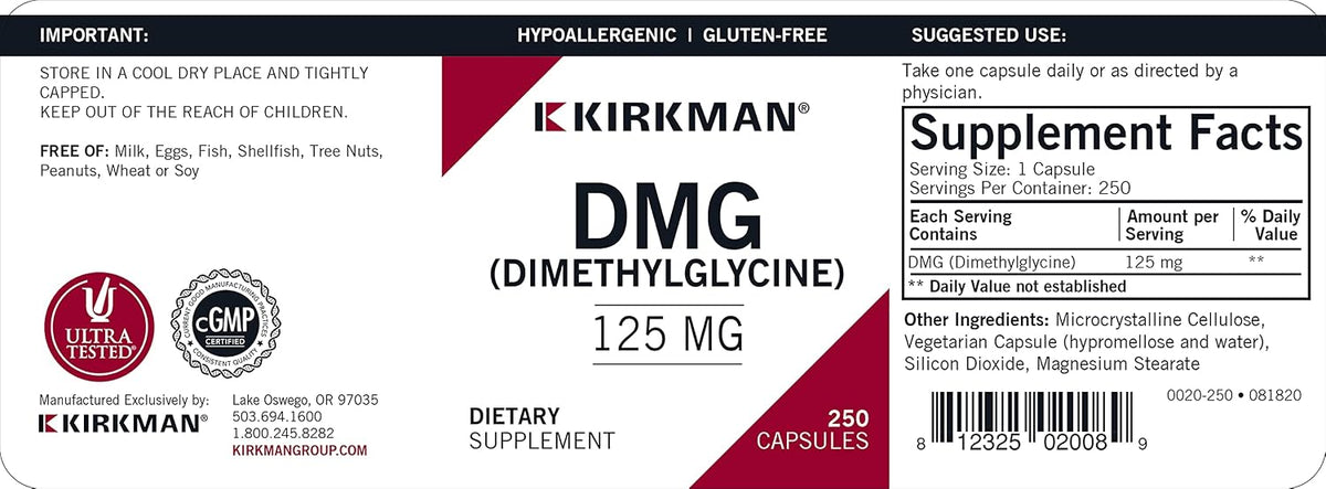 Kirkman – DMG (Dimethylglycine) 125 mg – Hypoallergenic – 250 Vegetarian Capsules - görsel 2